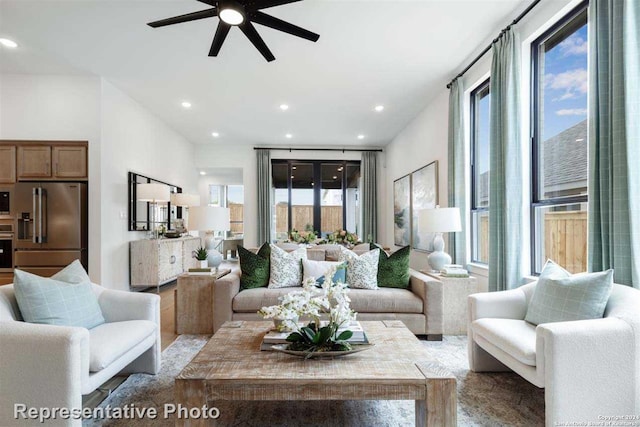 living room featuring ceiling fan