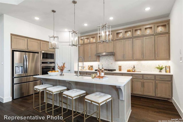 kitchen featuring sink, decorative backsplash, dark hardwood / wood-style floors, stainless steel appliances, and a center island with sink