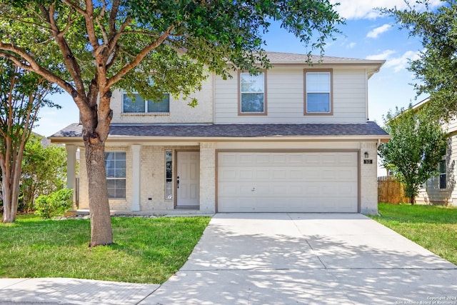 traditional-style home with an attached garage, brick siding, driveway, roof with shingles, and a front lawn