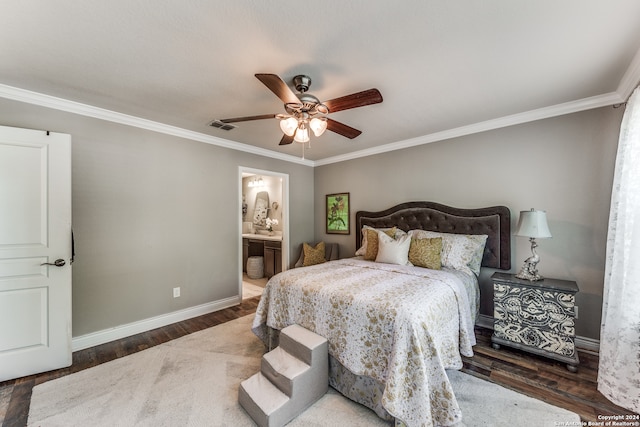 bedroom featuring ceiling fan, dark hardwood / wood-style flooring, and crown molding