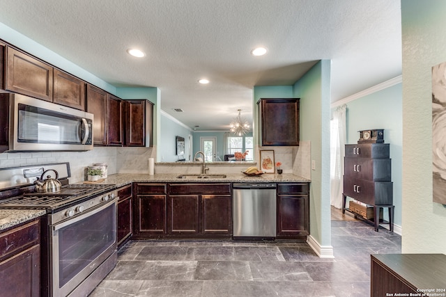 kitchen featuring sink, stainless steel appliances, ornamental molding, and light stone counters