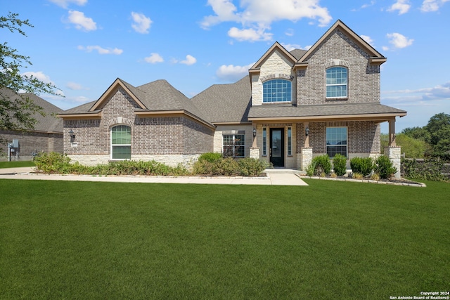 french country inspired facade with a front lawn