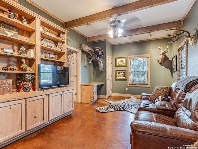 living room featuring beamed ceiling and ceiling fan