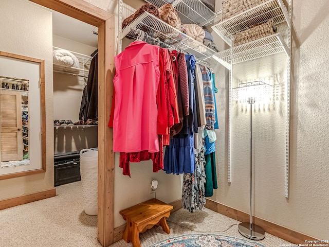 walk in closet featuring carpet floors