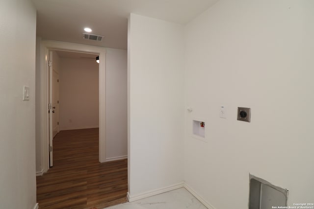 clothes washing area with washer hookup, hardwood / wood-style flooring, hookup for a gas dryer, and hookup for an electric dryer