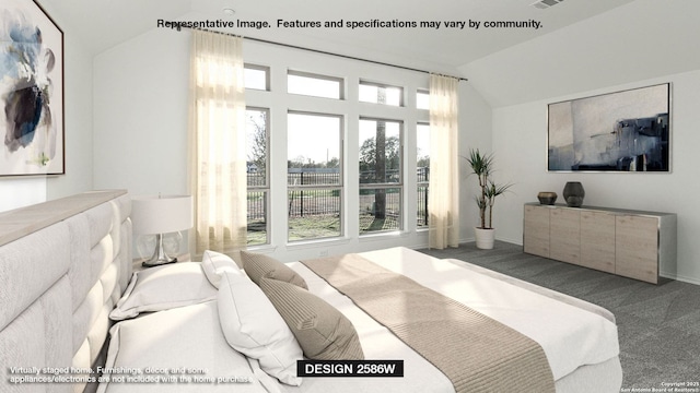 carpeted bedroom with visible vents and vaulted ceiling