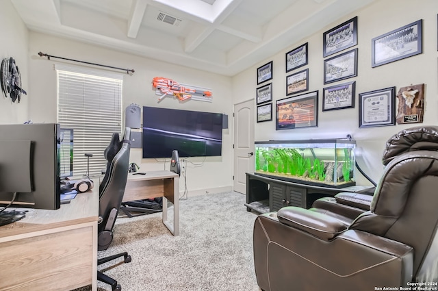 office space featuring beamed ceiling, carpet, and coffered ceiling