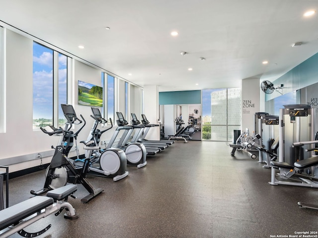 workout area featuring floor to ceiling windows and plenty of natural light