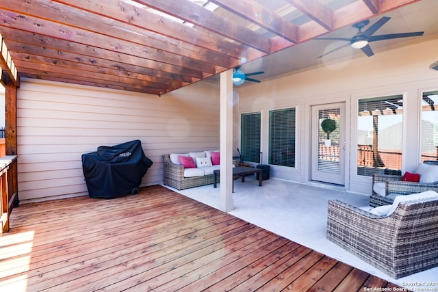 wooden deck with ceiling fan, a pergola, and outdoor lounge area