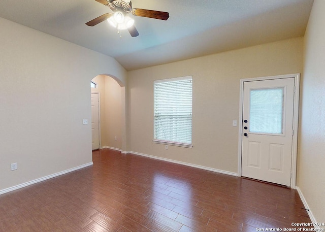 entrance foyer featuring ceiling fan and wood-type flooring