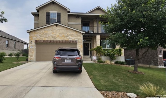 traditional home with driveway, a balcony, central air condition unit, a front lawn, and stucco siding