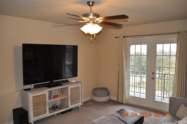 living room with french doors, carpet flooring, a ceiling fan, and baseboards