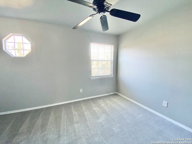 spare room featuring ceiling fan, carpet, and plenty of natural light