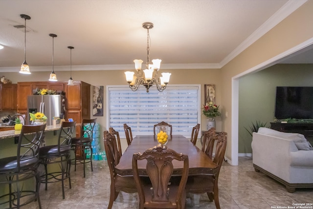 tiled dining room featuring a notable chandelier and crown molding