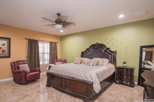 bedroom featuring ceiling fan, recessed lighting, visible vents, and baseboards