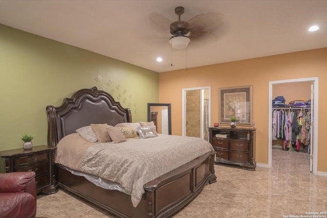 bedroom featuring baseboards, ceiling fan, a spacious closet, a closet, and recessed lighting