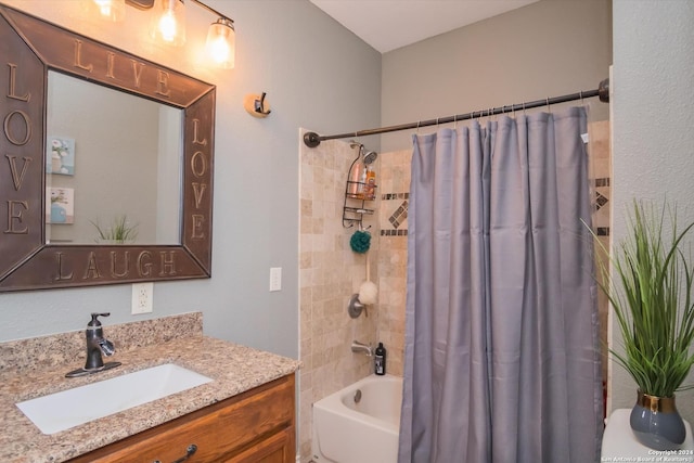 full bathroom with shower / bath combination with curtain and vanity