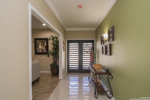 doorway to outside featuring crown molding and light tile patterned flooring