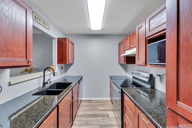 kitchen featuring light hardwood / wood-style floors, appliances with stainless steel finishes, sink, and dark stone counters