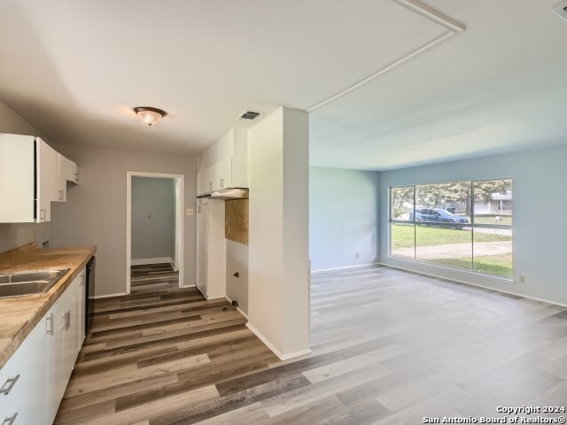 kitchen with hardwood / wood-style floors, sink, and white cabinets