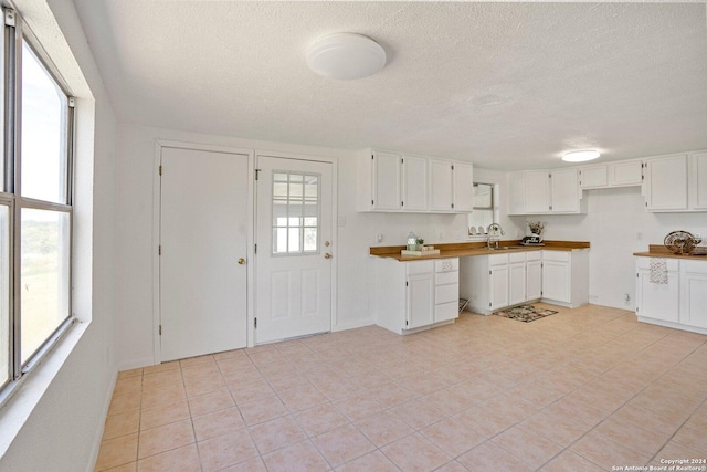 kitchen featuring white cabinets, a textured ceiling, and a sink