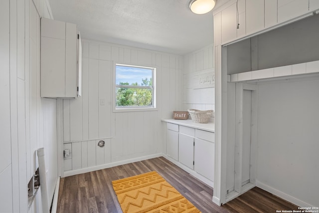 clothes washing area featuring a textured ceiling and wood-type flooring