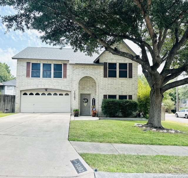 view of front of property with a garage, brick siding, fence, concrete driveway, and a front lawn