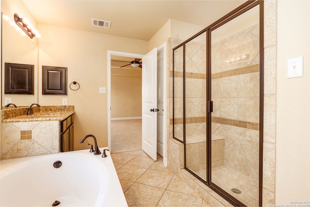 bathroom with ceiling fan, separate shower and tub, tile patterned flooring, and vanity