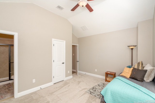 bedroom with high vaulted ceiling, ceiling fan, and light colored carpet