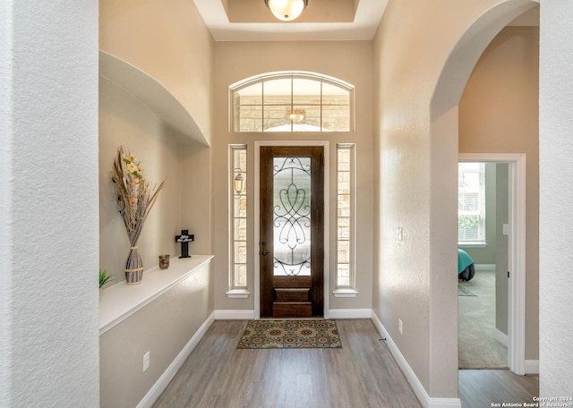 entrance foyer featuring arched walkways, a high ceiling, light wood-style flooring, and baseboards