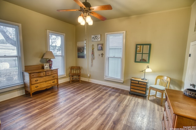 sitting room featuring ceiling fan and hardwood / wood-style floors