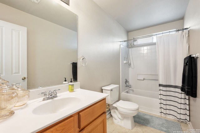 full bathroom with tile patterned floors, toilet, shower / bath combo with shower curtain, and vanity