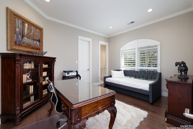 office area featuring dark hardwood / wood-style flooring and ornamental molding