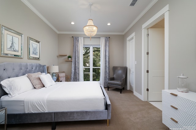 bedroom featuring crown molding, an inviting chandelier, and carpet flooring