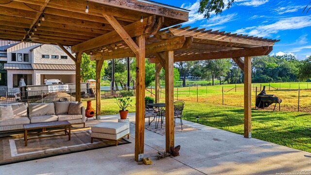 735 Hot Shot Ln, Mcqueeney, TX 78123 - view of patio with fence, an outdoor hangout area, and a pergola