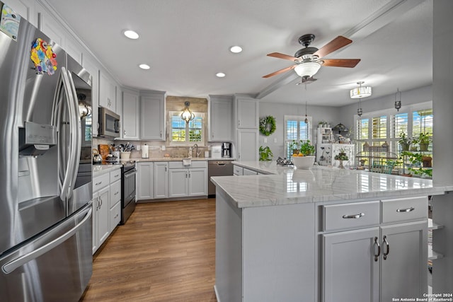 735 Hot Shot Ln, Mcqueeney, TX 78123 - kitchen with a healthy amount of sunlight, stainless steel appliances, a ceiling fan, and dark wood-style floors