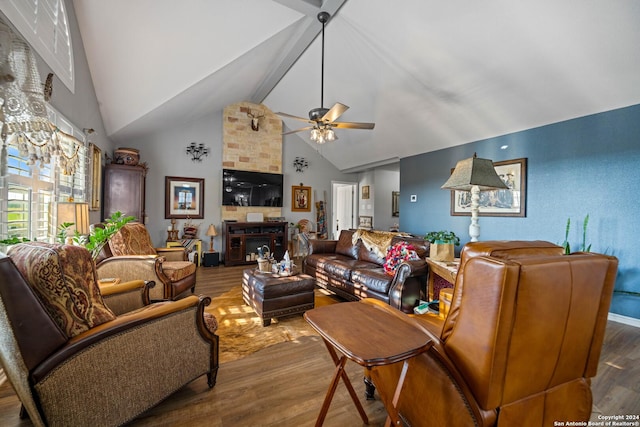 735 Hot Shot Ln, Mcqueeney, TX 78123 - living room featuring high vaulted ceiling, ceiling fan, wood finished floors, and a fireplace