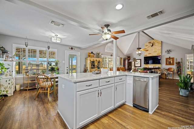 735 Hot Shot Ln, Mcqueeney, TX 78123 - kitchen with visible vents, lofted ceiling with beams, light wood-style floors, open floor plan, and a ceiling fan