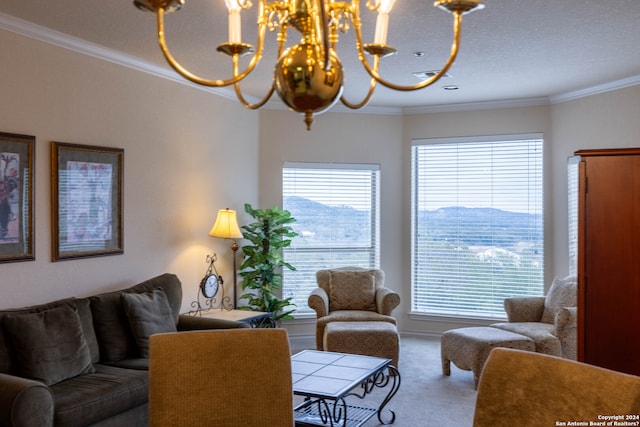 living room with a textured ceiling, carpet floors, crown molding, and an inviting chandelier