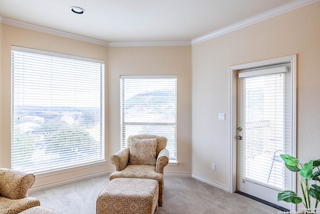 sitting room featuring a wealth of natural light, carpet floors, and ornamental molding