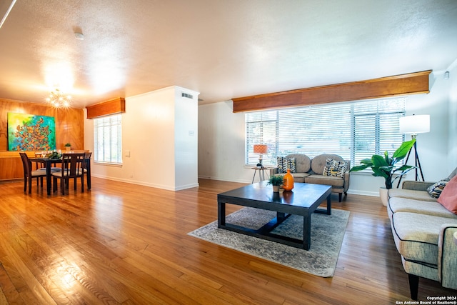 living room featuring hardwood / wood-style floors, a textured ceiling, and a chandelier