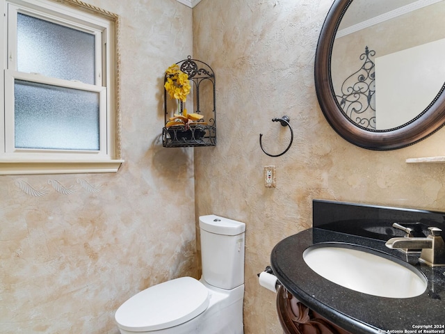 bathroom featuring toilet, ornamental molding, and sink