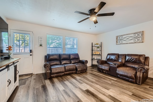 living room featuring ceiling fan and light hardwood / wood-style floors