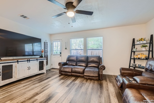 living room with light hardwood / wood-style floors and ceiling fan