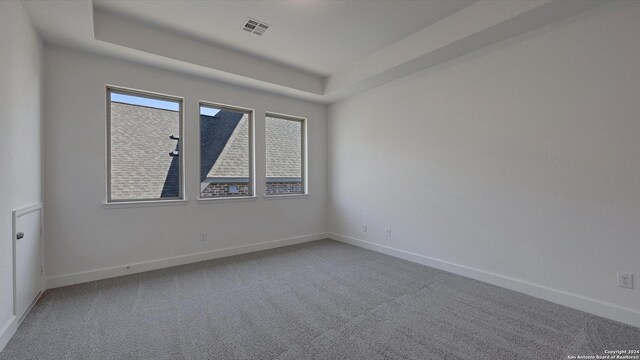 carpeted empty room with a tray ceiling