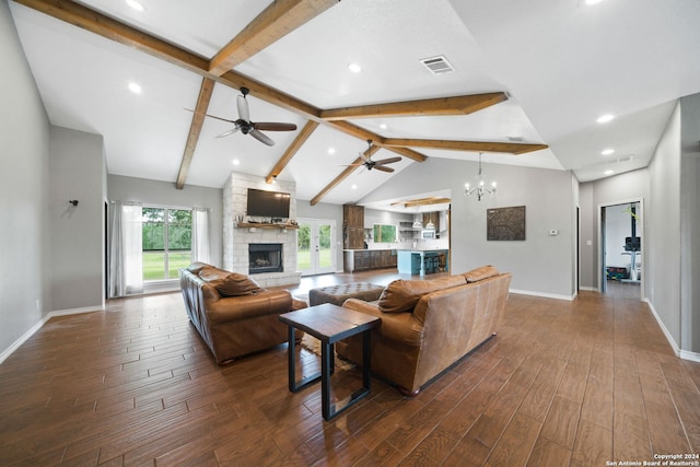 living room with a fireplace, visible vents, baseboards, beam ceiling, and dark wood-style floors