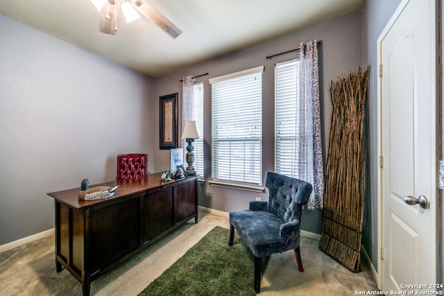 carpeted office space featuring ceiling fan