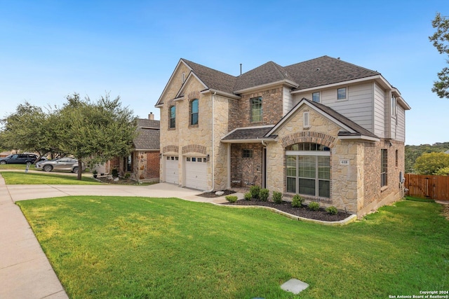 view of front of home featuring a garage and a front lawn