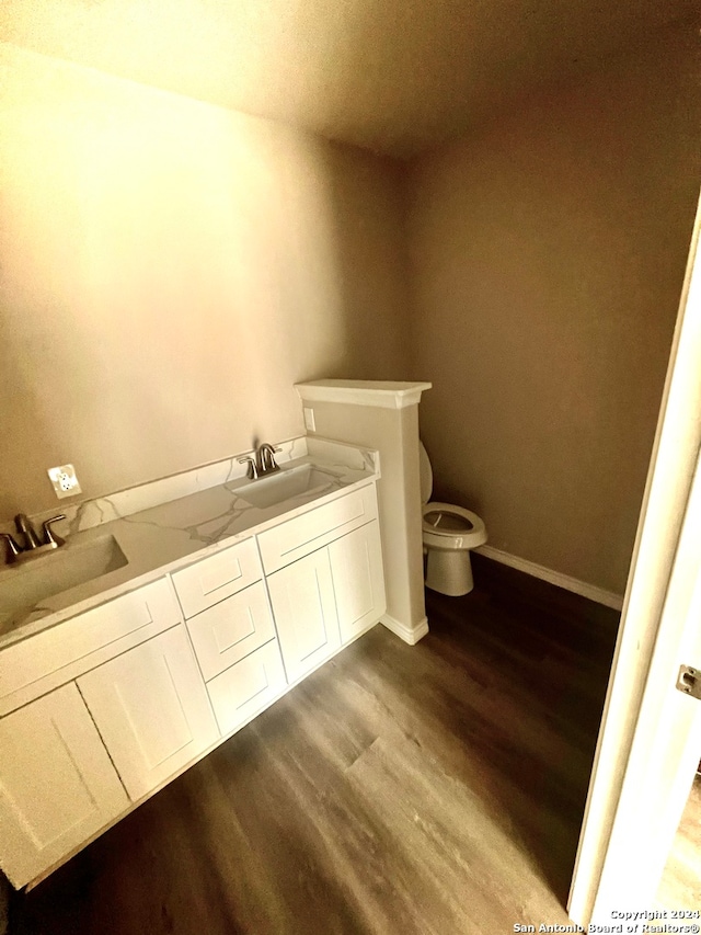 bathroom with toilet, hardwood / wood-style flooring, and vanity