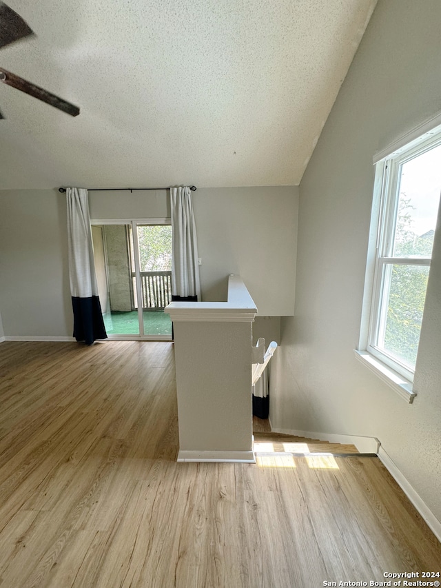 kitchen featuring plenty of natural light, a textured ceiling, and light hardwood / wood-style floors